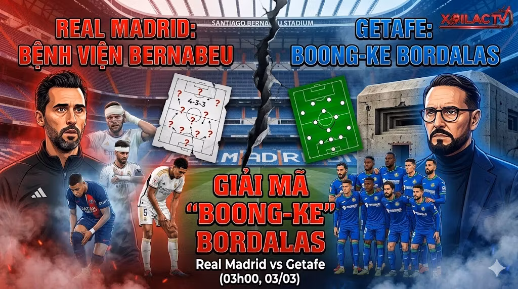 Real Madrid ("Bệnh viện" với Arbeloa lo lắng và cầu thủ chấn thương) và Getafe ("Boong-ke" với Bordalas và hàng phòng ngự thép). Vết nứt lớn chia đôi sân Santiago Bernabeu ở giữa.