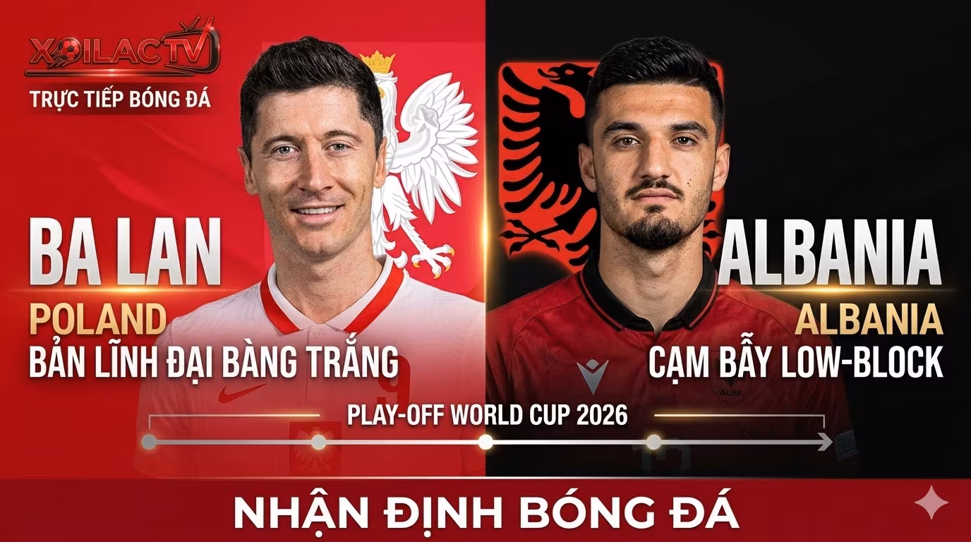 Ảnh bìa nhận định bóng đá trận Ba Lan vs Albania Play-off World Cup 2026 trên Xoilac TV. So sánh chân dung Lewandowski (Ba Lan) và Broja (Albania) cùng các biểu tượng quốc gia và khẩu hiệu chiến thuật.