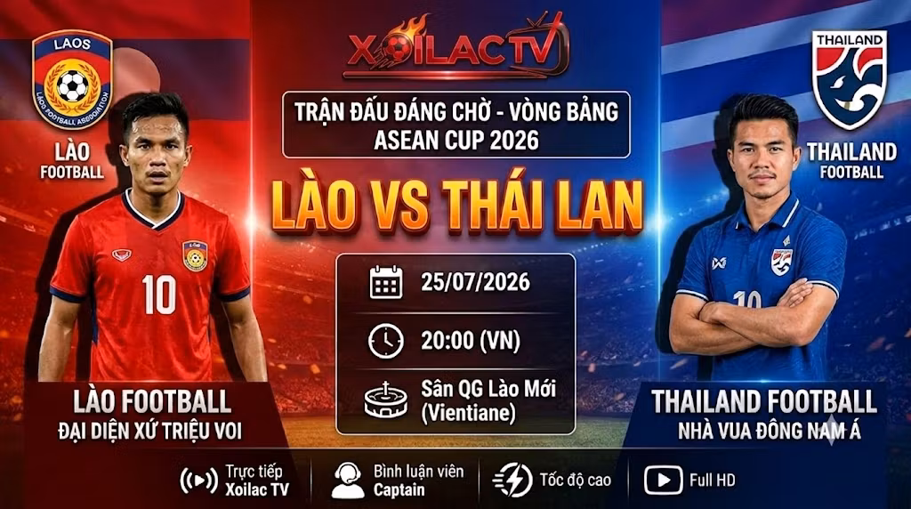 Hình ảnh đồ họa kết hợp cờ và cầu thủ ngôi sao của hai đội tuyển Lào và Thái Lan trước trận đấu vòng bảng ASEAN Cup 2026 trên nền sân vận động.