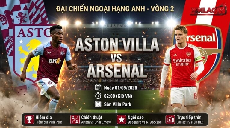 Ảnh bìa nhận định trận đấu giữa Aston Villa vs Arsenal vòng 2 Ngoại hạng Anh 2026/27, trực tiếp bóng đá chất lượng cao trên Xoilac TV.