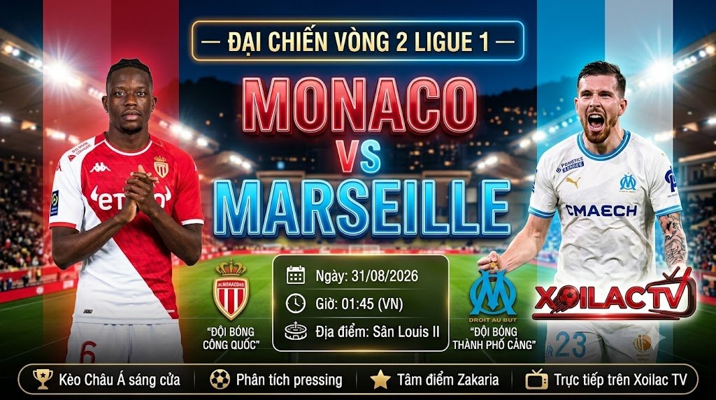 Ảnh bìa nhận định soi kèo trận đại chiến giữa Monaco vs Marseille vòng 2 Ligue 1 lúc 01h45 ngày 31/08 trực tiếp trên Xoilac TV.