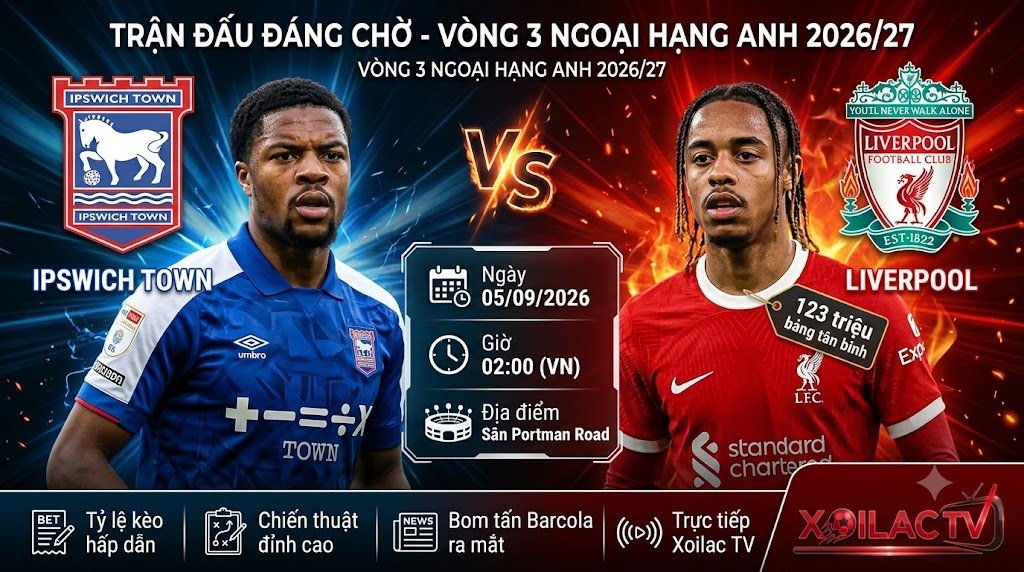 Ảnh bìa nhận định trận đấu Ipswich Town vs Liverpool vòng 3 Ngoại hạng Anh trực tiếp trên Xoilac TV.